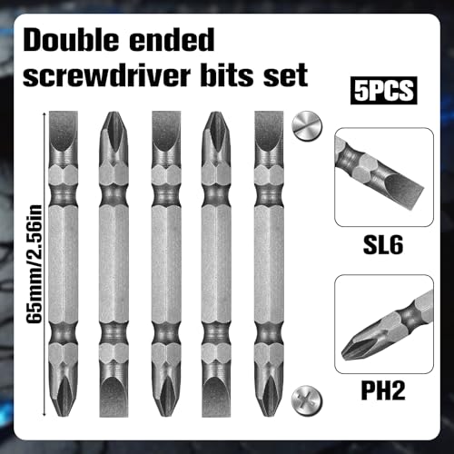 5Pcs Impact Double End Screwdriver Bit Set, Ph2/Sl6 Magnetic Slotted Phillips Screwdriver Driver Bit S2 Alloy Steel Hex Drill Bits Set for Power Tool (65mm)