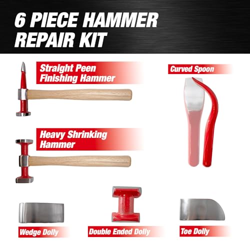LAUCO 6 Pieces Auto Body Hammer Repair Tool Dolly Kit, Steel Hammer Heads and Dollies on Wood Handles,Performance Tool Heavy Duty Fender Set for Car, ﻿Multifunctional Hammer Kit - style: 6 Pcs Set