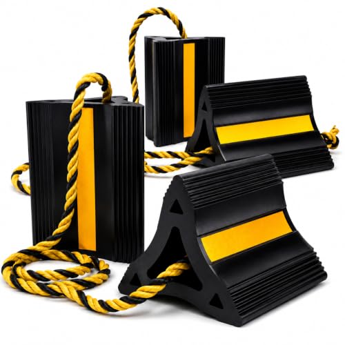 WORKPRO 4-Pack Wheel Chocks, Rubber Wheel Chocks with Rope, Heavy Duty Non-Slip Wheel Chock for RV, Trailer, Cars & SUVs, Tire Stopper Wedges with 3 Reflective Strips for Garage and Driveway