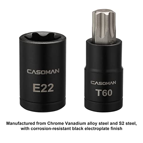 CASOMAN 25 Piece Torx Bit Socket and External Socket Set, 13 Star Socket Bits (T8- T60)& 12 Female E-Torx Sockets (E4-E22) - size: 25-Piece (T8-T60 & E4-E22)