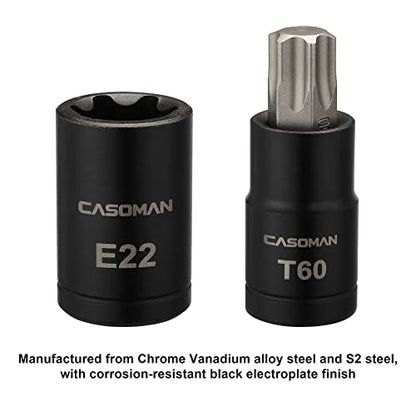 CASOMAN 25 Piece Torx Bit Socket and External Socket Set, 13 Star Socket Bits (T8- T60)& 12 Female E-Torx Sockets (E4-E22) - size: 25-Piece (T8-T60 & E4-E22)