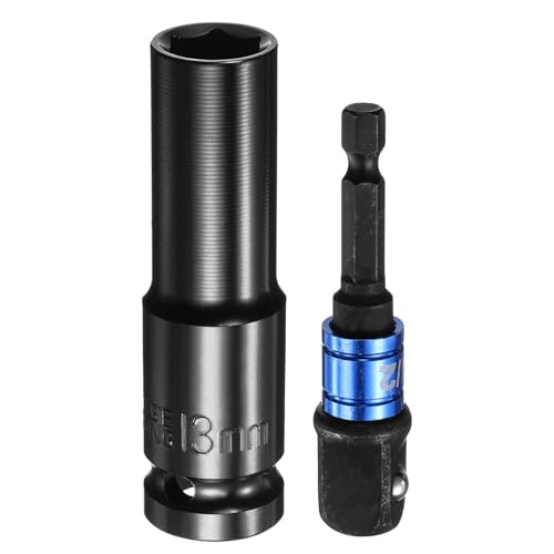HARFINGTON Deep 6-Point Impact Socket 1/2" Drive 13mm Metric Socket 3" Length with 1/4" Hex Shank Adapter, CR-V Steel Socket Adapter Accessory Tool Set Kit for Hex Bolts Nuts - size: 13mm