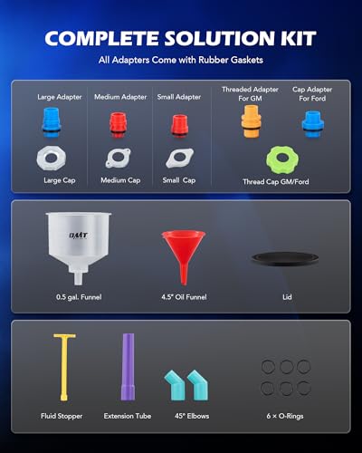 OMT 17 Piece No Spill Coolant Funnel Kit, Leakproof Coolant Bleeder Kit | Radiator Funnel Set for Easy Coolant Refilling with Adapters & Caps, Compatible with GM Ford, Universal Vehicles(No liquid)
