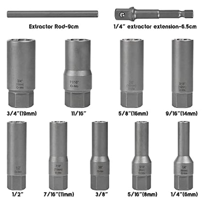 11-Pcs Spiral Deep Bolt Extractor Set, Stripped Bolt Remover Lug Nut Extractor Set, Stripped Lug Nut Remover for Broken Damaged Rounded-Off Bolts, Nuts, Bolts, Studs, Fittings, Threaded Tubes - size: 11Pcs