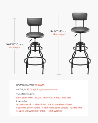 VEVOR Shop Stool with Backrest, Pneumatic Garage Seat/Work Stool with 300 lbs Capacity, Adjustable Height Roller Creeper Seat, 360° Swivel Padded, for Garage, Shop & Auto Repair, Black - style: with Backrest-no Casters