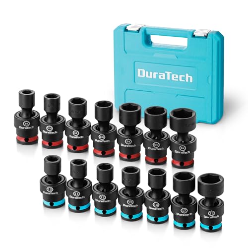 DURATECH 3/8" Drive Impact Swivel Socket Set, Shallow Universal Wobble, SAE & Metric With Flexible Joint, 14 Pieces, Cr-Mo Steel, 6 Points, Organized in Sturdy Storage Case - style: 14 PCS SAE&Metric 3/8" Dr.