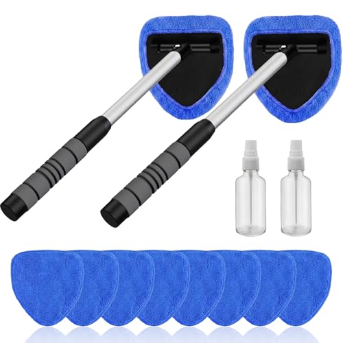 2-Pack Windshield Cleaner Tool, Extendable Handle Auto Detailing Kit with 8 Washable Microfiber Pads & Spray Bottle, Professional Home & Car Window Glass Duster, 180° Swivel Head