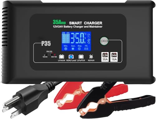 35Amp Car Battery Charger, 12V 35A/24V 18A Lithium LiFePO4 Lead Acid AGM/Gel Charger, Battery Desulfator, Trickle Charger/Maintainer for Car Boat Motorcycle Truck Lawn Mower