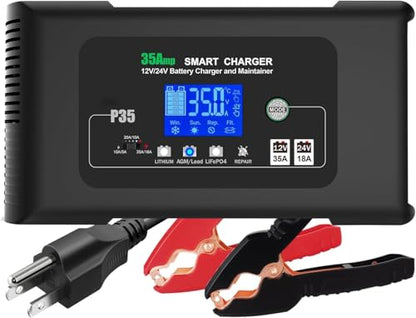 35Amp Car Battery Charger, 12V 35A/24V 18A Lithium LiFePO4 Lead Acid AGM/Gel Charger, Battery Desulfator, Trickle Charger/Maintainer for Car Boat Motorcycle Truck Lawn Mower