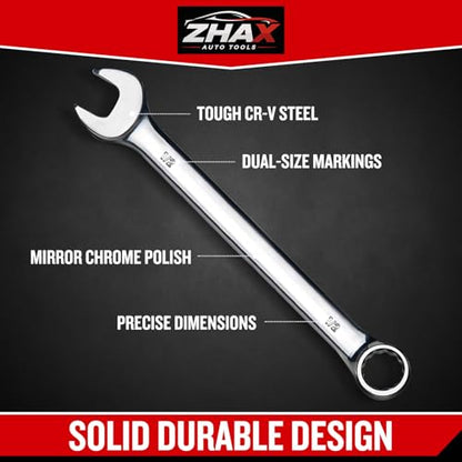 zhax 1/2" SAE Combination Wrench, 12 Point Box End, 15 Degree Offset Design, Mirror Polish Finish, Forged CR-V Steel, Hand Tools for Mechanics, Ideal for Auto and Home Repair - size: 1/2"