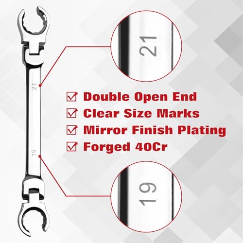 6-Piece Flex-Head Flare Nut Wrench Set Metric 9, 10, 11, 12, 13, 14, 15, 17, 18, 19, 21mm | 40 Cr Double Open End Brake Line Wrench for Automotive Brake, Fuel, AC Lines and Plumbing Repairs