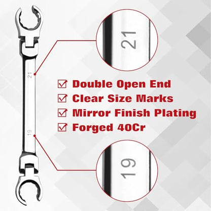 6-Piece Flex-Head Flare Nut Wrench Set Metric 9, 10, 11, 12, 13, 14, 15, 17, 18, 19, 21mm | 40 Cr Double Open End Brake Line Wrench for Automotive Brake, Fuel, AC Lines and Plumbing Repairs