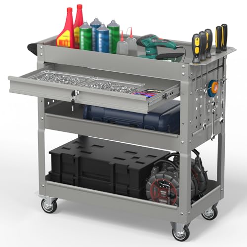 3 Tier Rolling Tool Cart on Wheels, 550 LBS Tool Cart with Drawers，Heavy Duty Utility Cart with Pegboard and Hook，Mechanic Tool Storage Cart for Garage, Warehouse and Repair Shop(Gray) - color: Gray