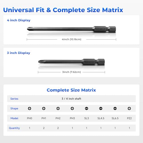 Impact Rated Screwdriver Bit Set, 4" Extended Long Magnetic Power Bits, Premium S2 Steel, Shock-Absorbing Design, 1/4" Hex Shank for Power Drill & Impact Driver (4 Inch PH+SL+PZ) - size: 4 Inch PH+SL+PZ