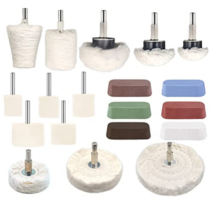 19 Pcs Buffing Wheel for Drill,Buffing Pad Polishing Wheel Kits with 6 Pcs Polishing Compound and 5 Pcs Felt Polishing Wheel,for Aluminum, Stainless Steel, Chrome,Metal,Glass,Car Detailing