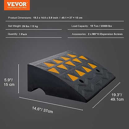 VEVOR Rubber Curb Ramp 6'' Rise Height Sidewalk Threshold Ramp, 14.6'' Width 19.3'' Length Driveway Ramp 33069 lbs Load Capacity for Curb for Forklifts, Trucks, Buses, Cars, Wheelchairs, Bike - size: 6" H x 19.3‘’ L