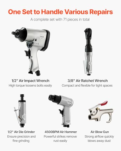 VEVOR 71 Pieces Pro Air Tool and Accessories Kit - 1/2" Air Impact Wrench, 3/8" Ratchet Wrench, 1/2" Die Grinder, 4500BPM Hammer, Blow Gun for Auto Repair, Home DIY Project - Storage Case Included - style: 71 Pieces