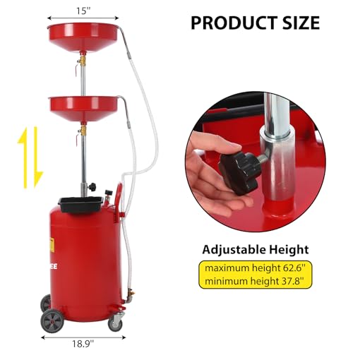 Garvee 20 gal Waste Oil Drain Tank, Portable Oil Drain Container, Air Operated Drainer, Fluid Fuel Transfer Drainage, Adjustable Funnel Height with Wheel &15 in Premium Bowl and a Toolbox, Red - size: 20 Gallon