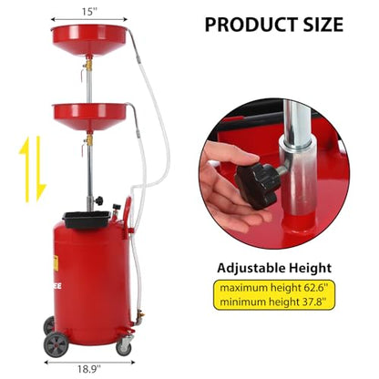 Garvee 20 gal Waste Oil Drain Tank, Portable Oil Drain Container, Air Operated Drainer, Fluid Fuel Transfer Drainage, Adjustable Funnel Height with Wheel &15 in Premium Bowl and a Toolbox, Red - size: 20 Gallon