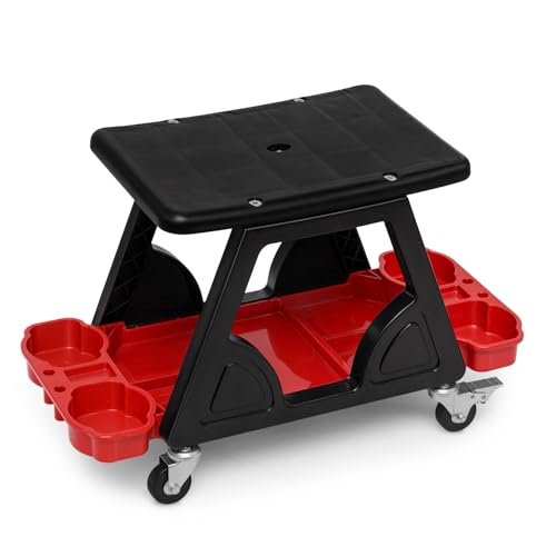 Magshion Garage Creeper Seat with Tool Holder, 300 lbs Capacity Rolling Mechanic Stool, Lightweight Plastic Workshop Chair on Wheels for Auto Repair, Car Detailing & Shop Use (Red)
