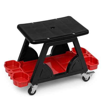 Magshion Garage Creeper Seat with Tool Holder, 300 lbs Capacity Rolling Mechanic Stool, Lightweight Plastic Workshop Chair on Wheels for Auto Repair, Car Detailing & Shop Use (Red)