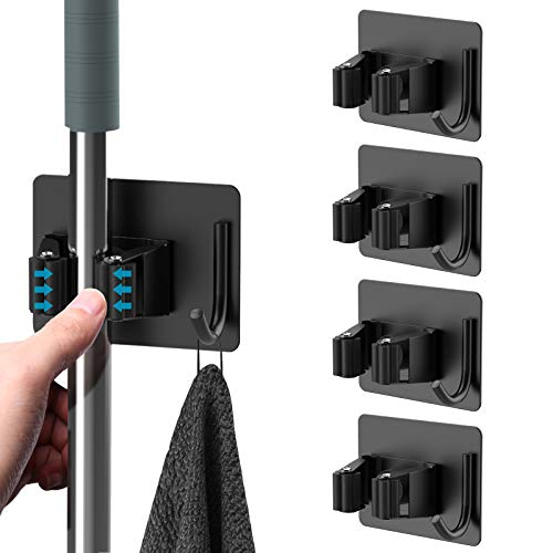 homeasy Mop Broom Holder No Drill, Mop Broom Organizer Wall Mounted Heavy Duty with Hooks Hanger, Self Adhesive Stainless Steel 4Pcs for Bathroom, Kitchen, Office (Black) - color: Black