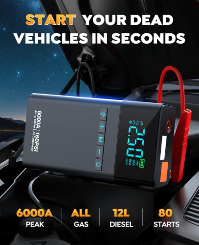Car Battery Jump Starter with Air Compressor 6000A 160PSI, Car Jumper Starter Portable (All Gas/12L Diesel), 12V Jump Box Car Battery with Auto-Shutoff Tire Inflator, Jumper Cables and Light - color: Glossy Black