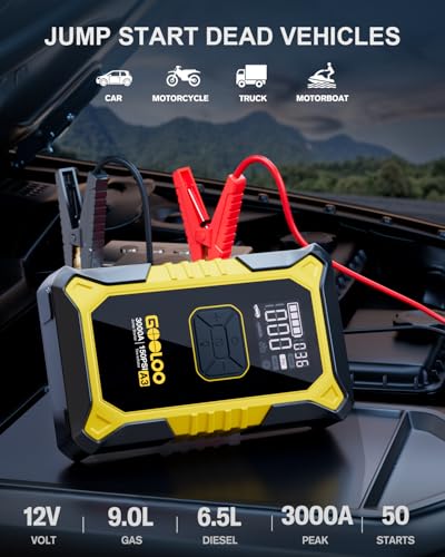 GOOLOO A3 12V 3000A Portable Jump Starter with Air Compressor | 7-in-1: 3000A Lithium Jumper Box - 150 PSI Tire Inflator - USB-A Output - LED Flashlight - Ball / Bike Pump - Pressure Gauge - color: Yellow