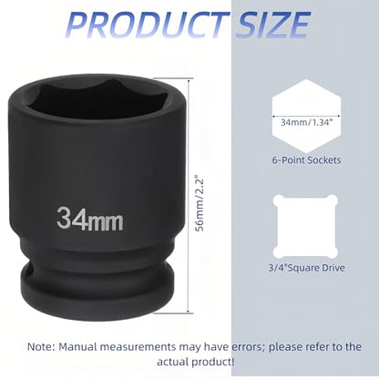 3/4"Drive x 34mm Metric, 6-Point Deep Impact Socket, Axle Nut Impact Socket | 40CR Alloy Steel,Clear labeling, Common Tools for Car Repair/Mechanical Work/Construction/Carpentry and Home Maintenance - size: 34mm