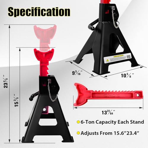 YATOINTO 6 Ton Jack Stands, 15.6"-23.4" Adjustable with Double Pin Locking,Heavy Duty Jack Stands with Extra Rubber Pads,Car Lifts for Home Garage,Lifting Various Vehicles,1 Pair Black - color: Black+Red, size: 6 Ton Double Pin Locking with Rubber Pads