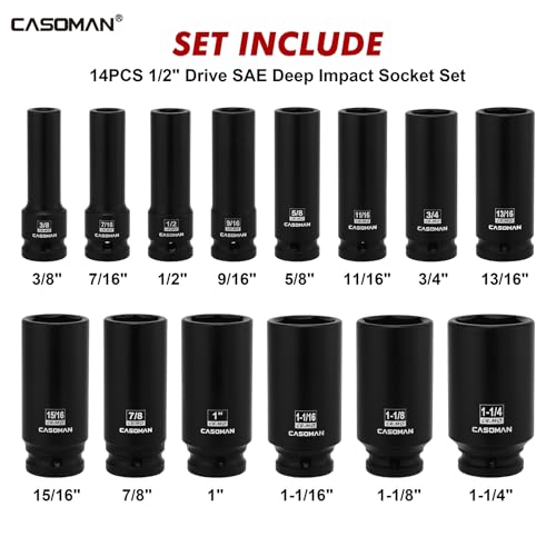 CASOMAN 14PCS 1/2" Drive Deep Impact Socket Set, SAE, 6-Point, CR-MO, 3/8" to 1-1/4", for Auto Repair, Mechanic, with Portable Case, Easy-to-Read Size Markings, Rugged Construction - size: 9.5mm to 31.8mm