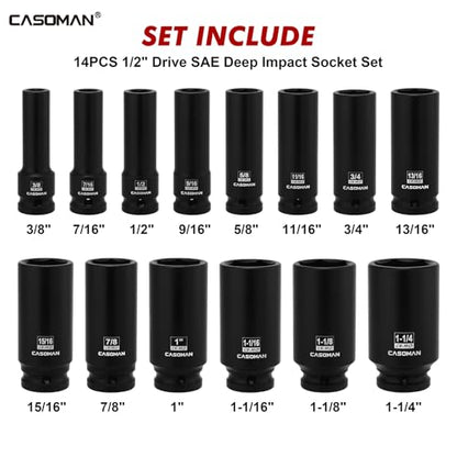 CASOMAN 14PCS 1/2" Drive Deep Impact Socket Set, SAE, 6-Point, CR-MO, 3/8" to 1-1/4", for Auto Repair, Mechanic, with Portable Case, Easy-to-Read Size Markings, Rugged Construction - size: 9.5mm to 31.8mm