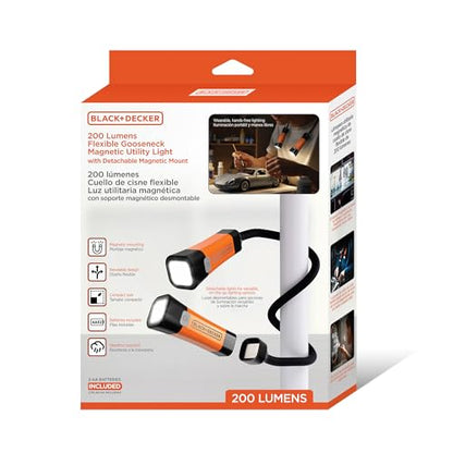 BLACK+DECKER LED Neck Reading Light, 200 Lumens Dual Flashlight Hands-Free Lighting, Flexible Gooseneck, 3 Dimmable Modes, SOS, 3 Magnetic Mounts, Wearable, AA Battery-Powered, IP65 Weather-Resistant
