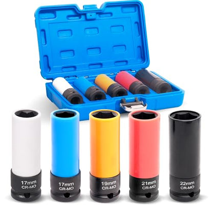 5Pcs Lug Nut Socket Set, 1/2" Drive Metric 17mm 19mm 21mm 22mm | Include Benz Convex Flower Head Bolt, Thin Wall Deep Socket Set with Non-Marring Wheel Protectors Automotive Wheel Nut Socket - color: 5pcs