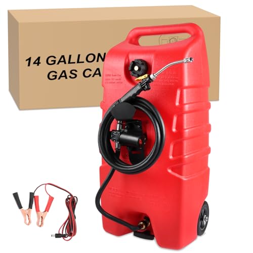 GOOACC 14 Gallon Fuel Caddy, Portable Fuel Transfer Tank with 12V DC Electric Pump, Heavy-Duty Empty Gasoline/Diesel Storage Container with Wheels and 10FT Hose for Motorcycles Boats Lawn Mowers, Red - size: 14 Gal Electric