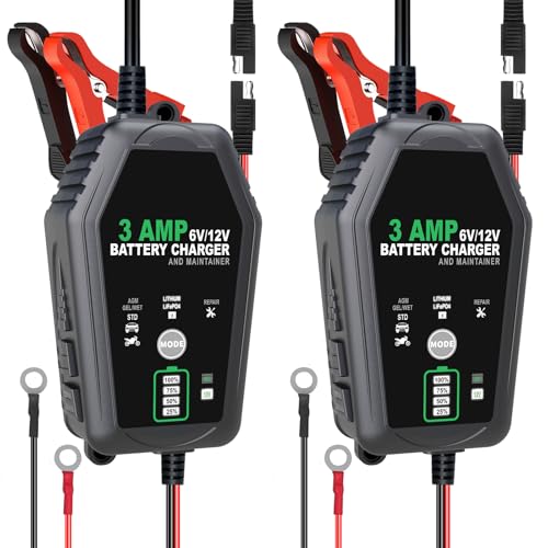 2 Pack 3 AMP Battery Charger, 6V/12V Battery Maintainer Trickle Chargers | Smart Battery Charger, Fully Automatic Battery Chargers for Car, Motorcycle, Boat, Lead-Acid, Lithium, LiFePo4 Batteries - color: Two Pack