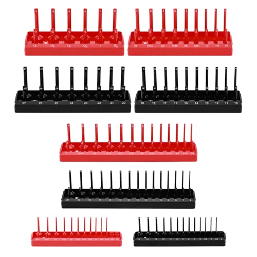 8-Piece Socket Organizer Trays, SAE and Metric Socket Tray Set, 1/4", 3/8", and 1/2" Drive Deep and Standard Socket Holders Organizers for Toolbox, Black & Red - size: 8PCS METRIC&SAE