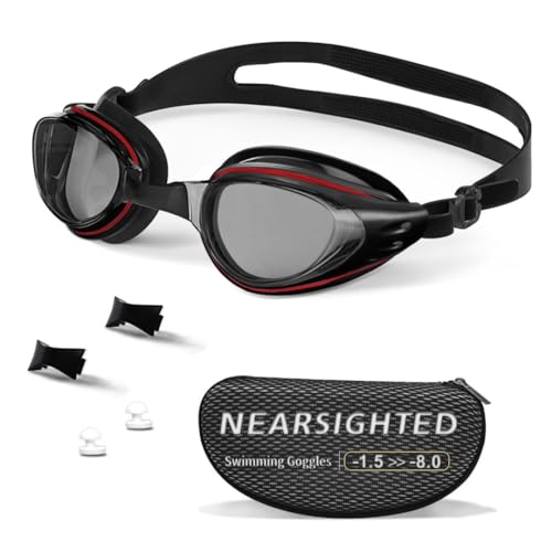 Nearsighted Swimming Goggles Polarized Anti-Fog No Leaking Shortsighted Swim Goggles for Women Men Kids Adults - color: Smoke Black/Red, size: -5