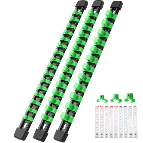 Reniteco 3-Pack Socket Organizer Set, 1/4" x 16 3/8" x 15 1/2" x 12 Clips | 43 Clip Capacity, Havy-Duty ABS Socket Rails, Removable Clips, Drive Socket Storage, Toolbox Drawer or Wall Mount - color: Green, size: 3 Pcs