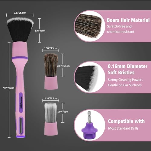 YeewayVeh 3PCS Car Detailing Drill Brush Set, Mixed Detail Brushes, Pink | No Scratch Boars Hair & Ultra Soft Detailing Brushes for Air Vent, Leather Seat, Interior Exterior, Drill Attachment Included - color: Pink