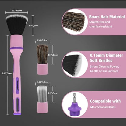 YeewayVeh 3PCS Car Detailing Drill Brush Set, Mixed Detail Brushes, Pink | No Scratch Boars Hair & Ultra Soft Detailing Brushes for Air Vent, Leather Seat, Interior Exterior, Drill Attachment Included - color: Pink