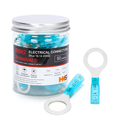 HKS 50 PCS Ring Terminals 1/2" Blue 16-14 AWG - M12 - Electrical Connectors - Heat Shrink Wire Connector Kit - Tinned Red Copper - Automotive Marine Ring Connectors - Waterproof and Insulated - size: 1/2"(M12)