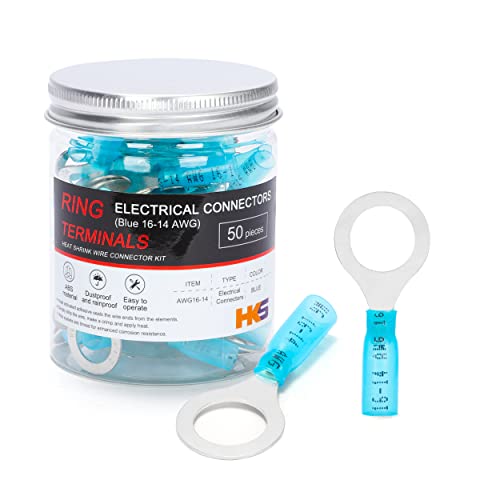 HKS 50 PCS Ring Terminals 1/2" Blue 16-14 AWG - M12 - Electrical Connectors - Heat Shrink Wire Connector Kit - Tinned Red Copper - Automotive Marine Ring Connectors - Waterproof and Insulated - size: 1/2"(M12)