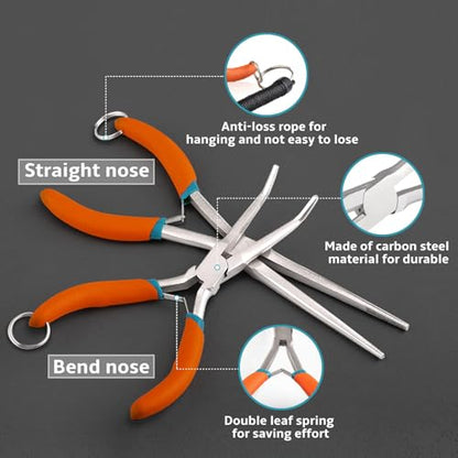 SPEEDWOX 2PCS Needle Nose Pliers With Curved Tips Curved Handle Extra Long Needle Nose Pliers With Straight Tips Needle Remover Pliers With Anti-Loss Lanyard and Serrated Jaw for Narrow Spaces - style: Long Curved Tips&Extra Long Nose