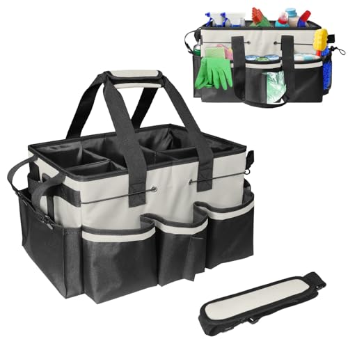 Boczif Cleaning Caddy Bag Wearable, Cleaning Caddy Supplies Organizer with Handle, Shoulder Straps & Detachable Divide, Cleaning Tool Organizers Tote Bag for Cleaners & Housekeepers (White) - color: White