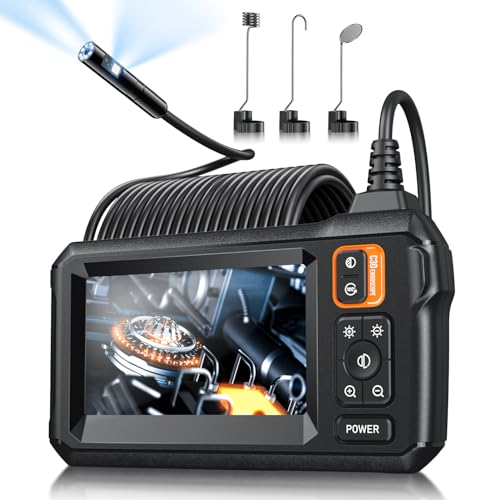 Endoscope Camera with Light, Inspection Borescope Camera with 4.3" IPS Screen, 1920P HD with 8 LED Lights, 32.8FT Semi-Rigid Cord Bore Scope, IP67 Waterproof Endoscope for Sewer, Dual Lens(Orange) - style: 32.8FT Dual Lens