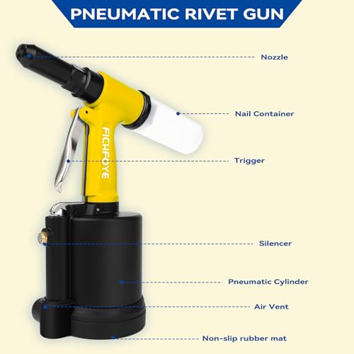 Heavy Duty Pneumatic Rivet Gun, 4000lbf Rivet Gun Set- 3/32", 1/8", 5/32", 3/16", 1/4" Air Riveter with NPT 1/4 inch for Automotive, Construction, Manufacturing Industries,Yellow - color: Yellow, size: 5 Nozzles