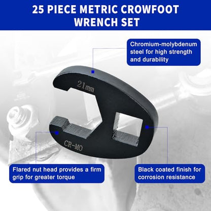LainKeen 25pcs Crows Foot Wrench Set 1/2" and 3/8” Drive Flare Nut Crowfoot Set Metric 8-32mm 6 Point Crows Feet Wrenches with Extension Bar, Wrench Kit for Removing Nuts from Hard-to-Reach Areas