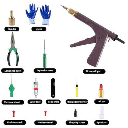 Tire Repair Kits Tubeless Tire Puncture Repair Kit with Mushroom Plug, Repairs punctures and Flat Tires for Motorcycles, Cars, Trucks, ATVs,Gun Puncture Repair Kit(Air Pump not Included Red) - color: Red+42