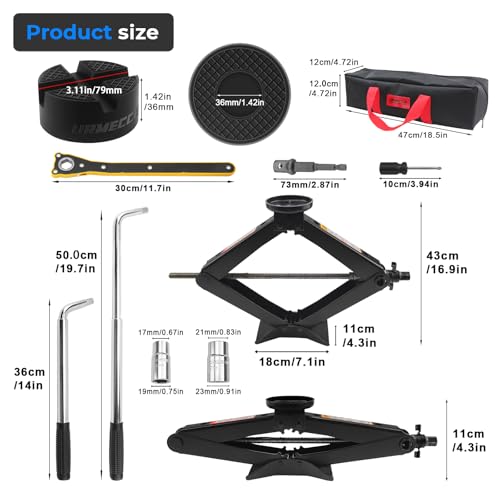 3-Ton/6613lbs Universal Scissor Jack kit with Rubber Cross Slot Jack pad, Car Spare Tire Repair Tools, Tire Changing Tools Kit with L-Wrenches（17/19/21/23mm）